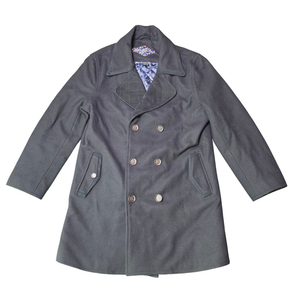 Robert Graham Pea Coat Black Mens Medium Wool Suede Trim Double Breasted Casuak